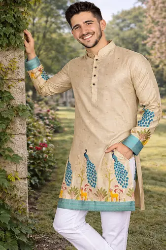 cream patola foil print dola silk kurta pajama set for men | designer ethnic wear