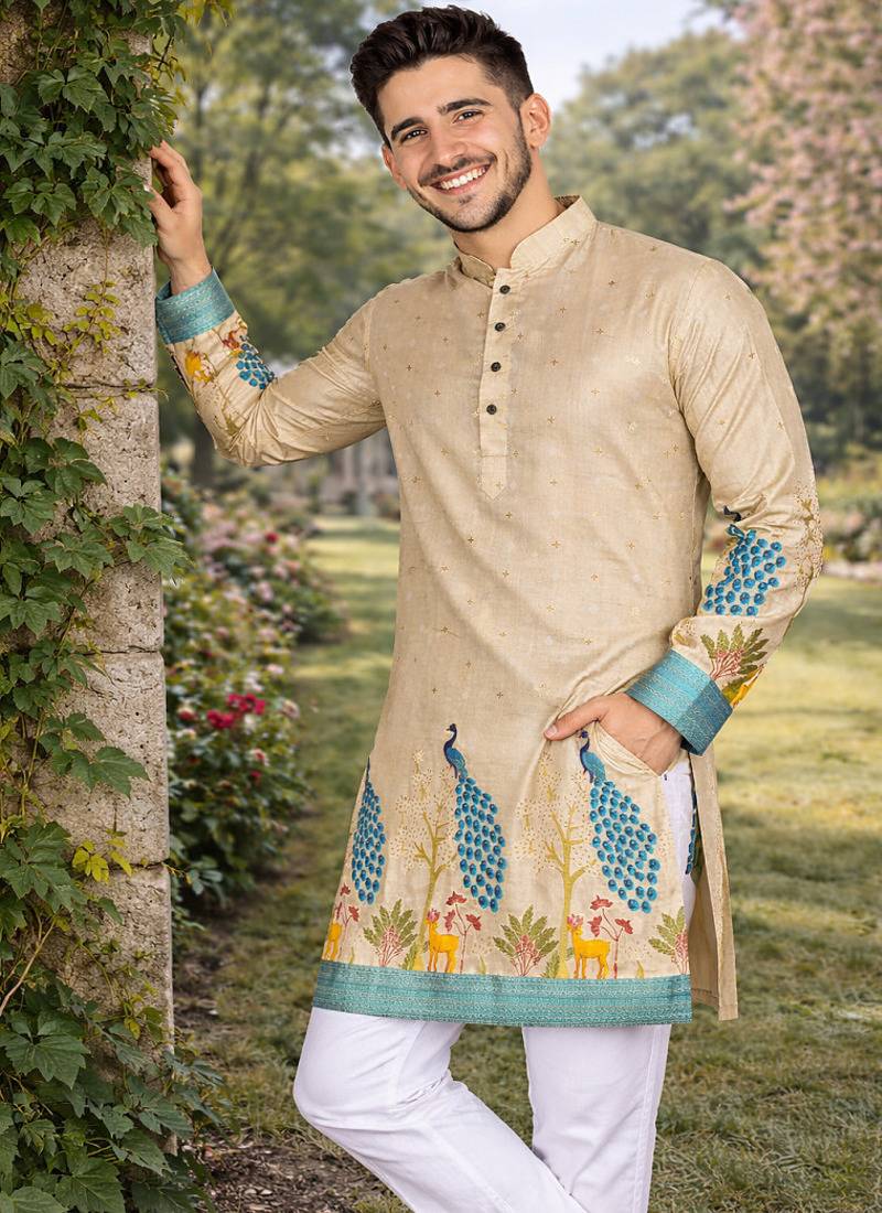 cream patola foil print dola silk kurta pajama set for men | designer ethnic wear