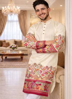 off white patola foil print dola silk kurta pajama set for men | elegant festive wear 2