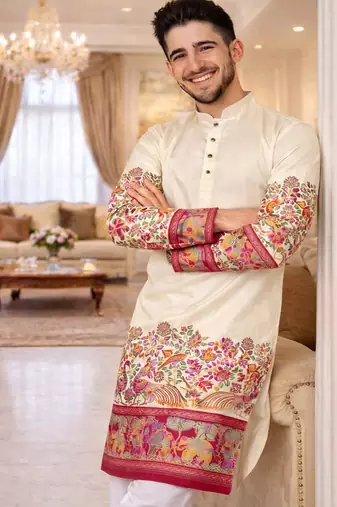 off white patola foil print dola silk kurta pajama set for men | elegant festive wear