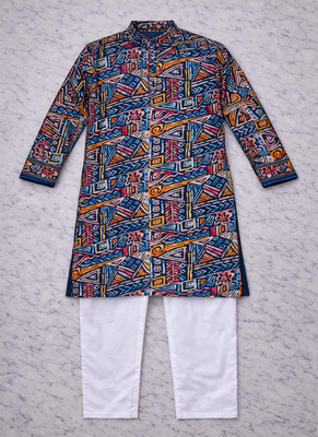 navy blue multicolour foil print cotton kurta pajama set for men 5