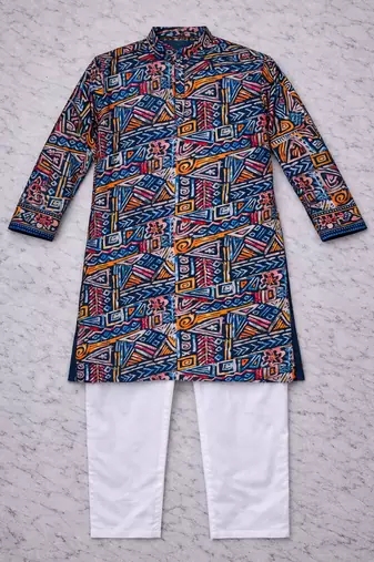 navy blue multicolour foil print cotton kurta pajama set for men