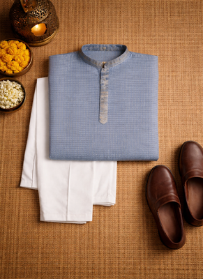 navy blue jacquard linen silk kurta pajama set for men 5