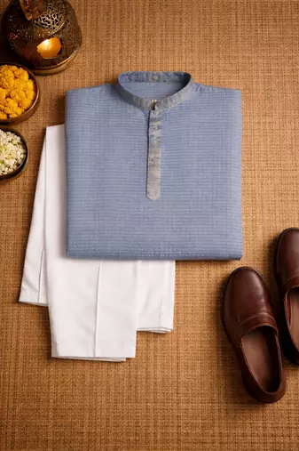 navy blue jacquard linen silk kurta pajama set for men