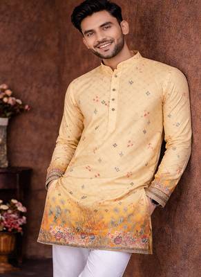 yellow rayon cotton zari weaving kurta pajama 1