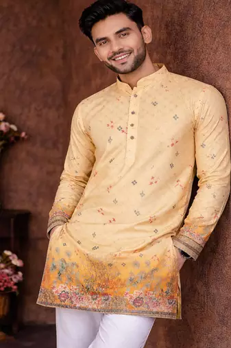 yellow rayon cotton zari weaving kurta pajama