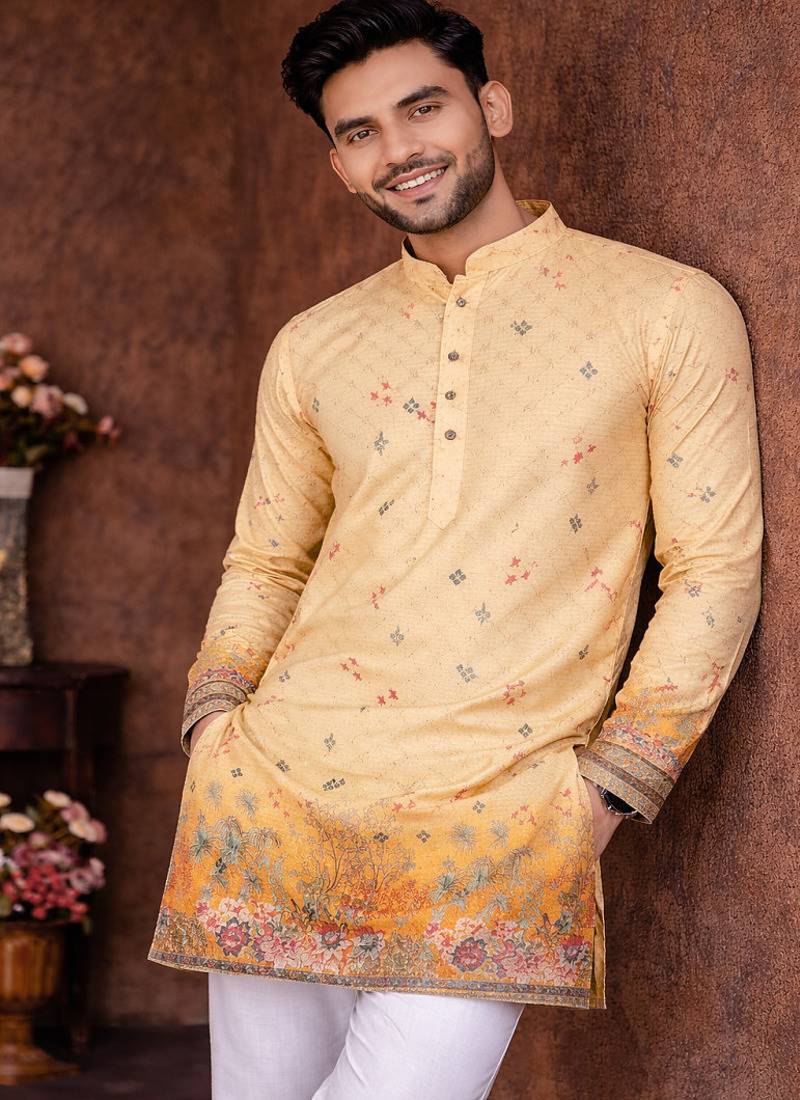 yellow rayon cotton zari weaving kurta pajama