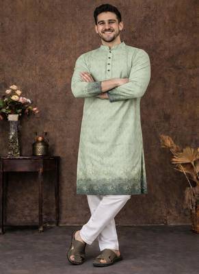 pista green zari woven rayon cotton kurta pajama set for men | ethnic festive wear 1