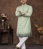 pista green zari woven rayon cotton kurta pajama set for men | ethnic festive wear