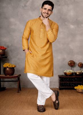 mustard jacquard linen silk kurta pajama set for men 3