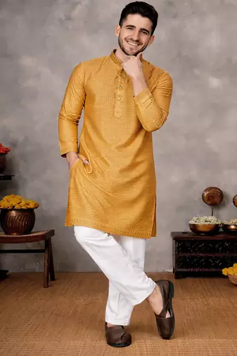 mustard jacquard linen silk kurta pajama set for men