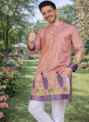 peach patola foil print dola silk kurta pajama for men | festive designer ethnic set 2