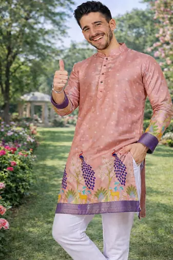peach patola foil print dola silk kurta pajama for men | festive designer ethnic set