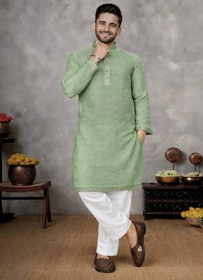 pista green jacquard linen silk kurta pajama set for men 4