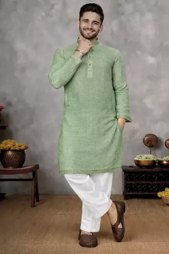 pista green jacquard linen silk kurta pajama set for men