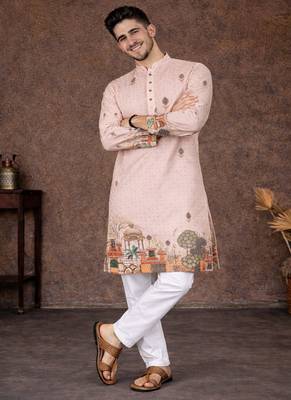 peach zari weaving rayon cotton kurta pajama set for men | festive & wedding wear 2