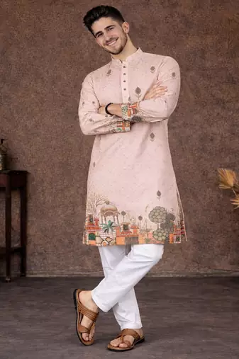 peach zari weaving rayon cotton kurta pajama set for men | festive & wedding wear