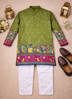 pista color patola print dola silk kurta pajama set 5