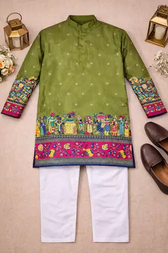 pista color patola print dola silk kurta pajama set