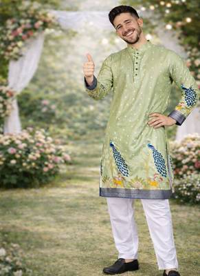 pista green patola foil print dola silk kurta pajama set for men | wedding & festive wear 3