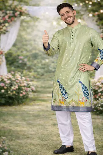 pista green patola foil print dola silk kurta pajama set for men | wedding & festive wear