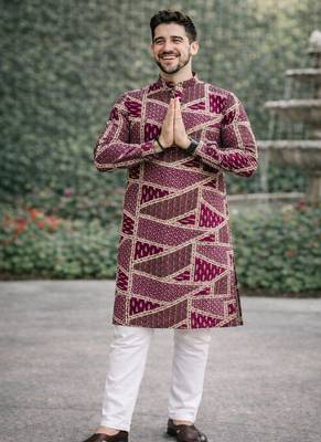 wine multicolour foil print cotton kurta pajama set for men | trendy ethnic outfit 3