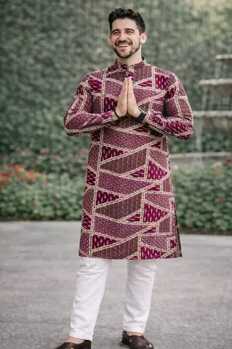 wine multicolour foil print cotton kurta pajama set for men | trendy ethnic outfit