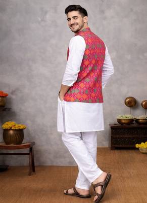 rani pink jacquard silk koti kurta pajama set for men 4