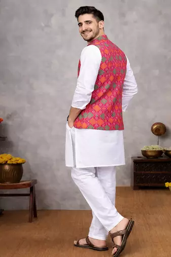 rani pink jacquard silk koti kurta pajama set for men
