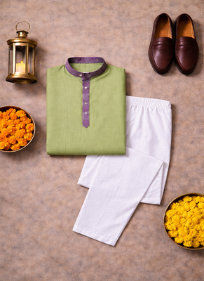 olive green jacquard linen silk kurta pajama set for men | classic ethnic wear 5