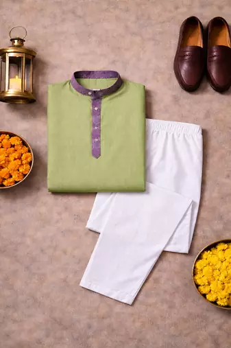 olive green jacquard linen silk kurta pajama set for men | classic ethnic wear