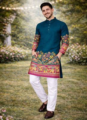 teal patola foil print dola silk kurta pajama set for men | festive & wedding wear 2