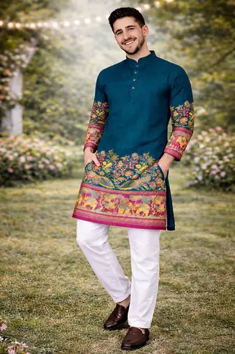 teal patola foil print dola silk kurta pajama set for men | festive & wedding wear