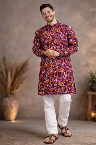 wine geometric multicolour foil print cotton kurta pajama set for men