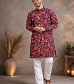 wine geometric multicolour foil print cotton kurta pajama set for men
