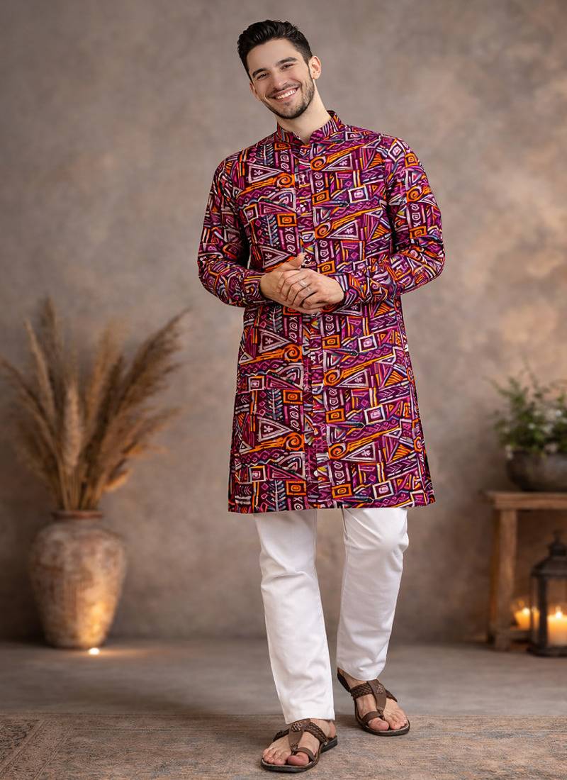 wine geometric multicolour foil print cotton kurta pajama set for men