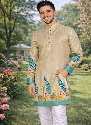 cream patola foil print dola silk kurta pajama set for men | designer ethnic wear 2