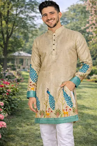 cream patola foil print dola silk kurta pajama set for men | designer ethnic wear