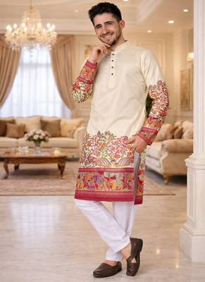 off white patola foil print dola silk kurta pajama set for men | elegant festive wear 3