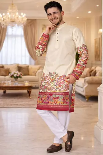 off white patola foil print dola silk kurta pajama set for men | elegant festive wear