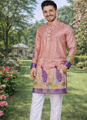 peach patola foil print dola silk kurta pajama for men | festive designer ethnic set 3