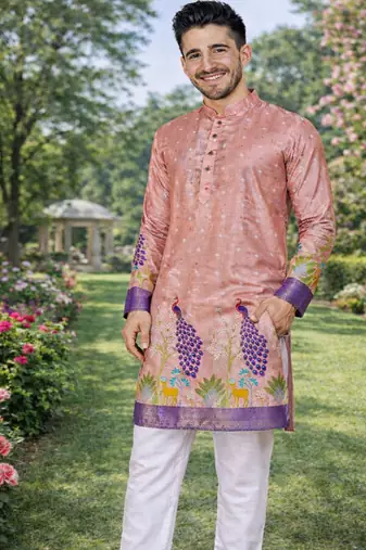 peach patola foil print dola silk kurta pajama for men | festive designer ethnic set