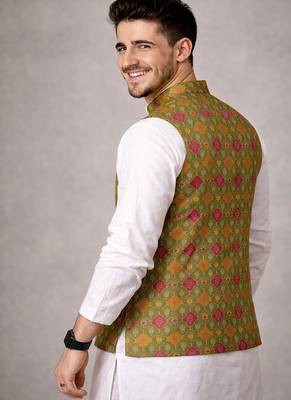 olive jacquard silk koti with cotton kurta pajama set for men | festive nehru jacket outfit 4