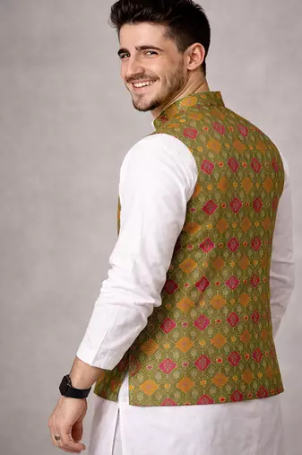 olive jacquard silk koti with cotton kurta pajama set for men | festive nehru jacket outfit