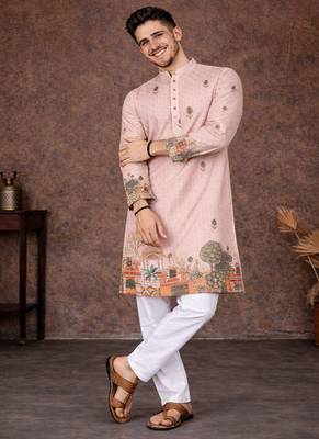 peach zari weaving rayon cotton kurta pajama set for men | festive & wedding wear 3