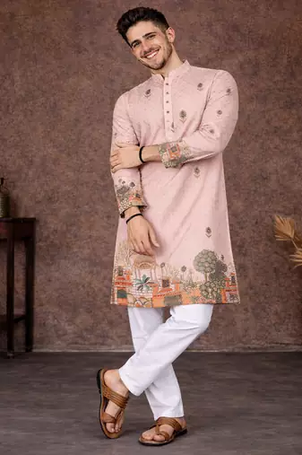 peach zari weaving rayon cotton kurta pajama set for men | festive & wedding wear