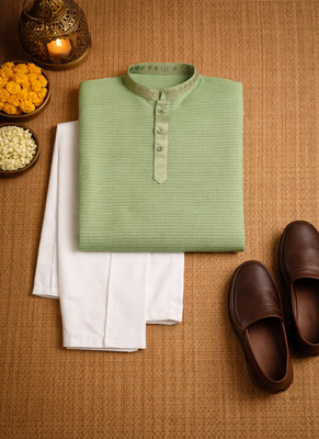 pista green jacquard linen silk kurta pajama set for men 5