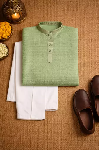 pista green jacquard linen silk kurta pajama set for men