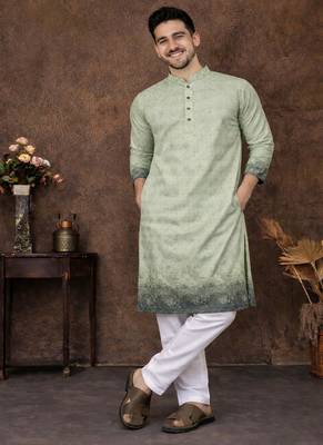 pista green zari woven rayon cotton kurta pajama set for men | ethnic festive wear 2