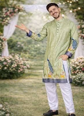 pista green patola foil print dola silk kurta pajama set for men | wedding & festive wear 4